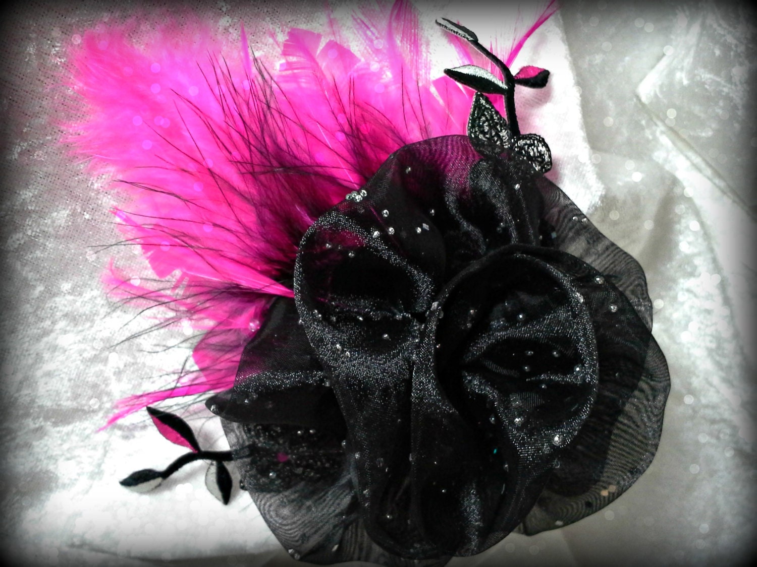 Hot Pink and Punk Feather Hair Clip, Black Flower Hair Clip, Pink Feather Hair Clip, Handmade