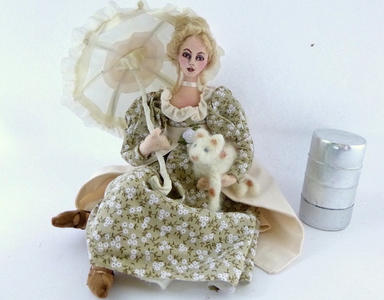 Stray art doll cloth victorian girl with umbrella needlefelt cat