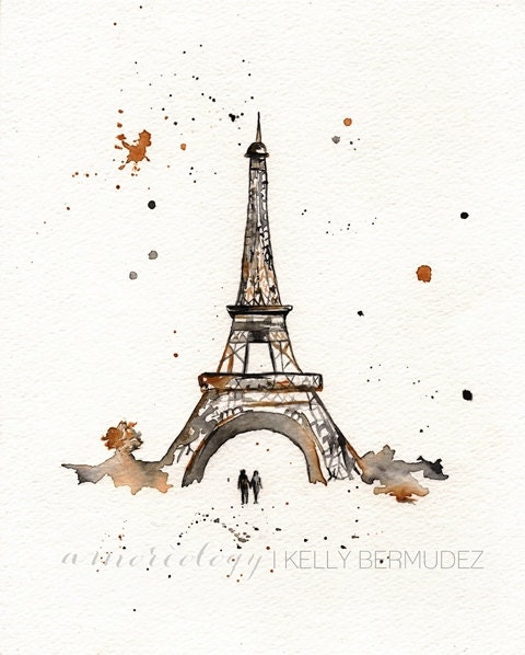 Eiffel Tower / Paris / mustard yellow and gray/yellow and grey romance watercolor print