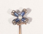 Antique Victorian 18k Yellow Gold Pin  Four Leaves Clover Sapphire Natural Pearl Small Diamonds Charming Delicate French Stamped