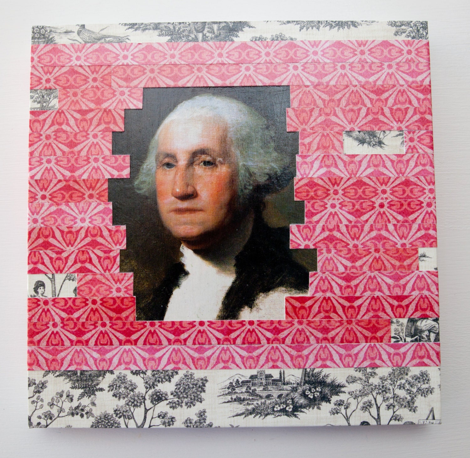 Stately George collage on wood block