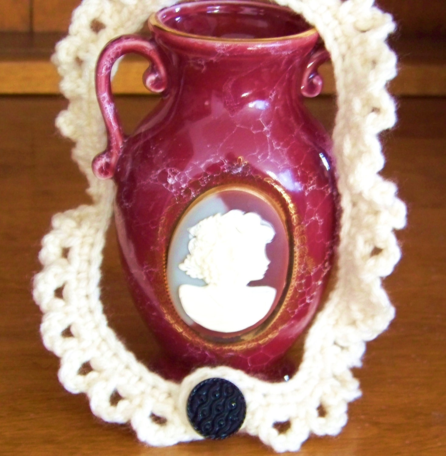 Hand Crocheted Off White Necklace with Vintage Black Button, Victorian Choker Style
