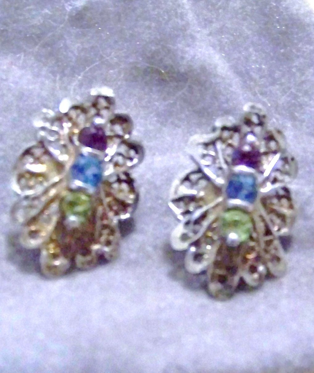 Vintage Sterling Silver And Genuine Gemstone Filigree Lace Design Pierced Earrings
