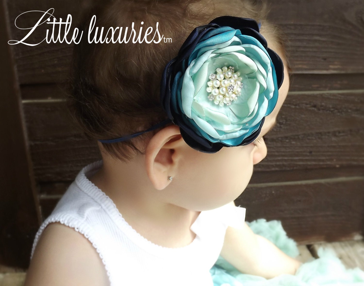 Sea Glass- Shabby Chic Handmade Seafoam, Aqua, Teal, Navy Ombre Singed Satin Poppy  Headband