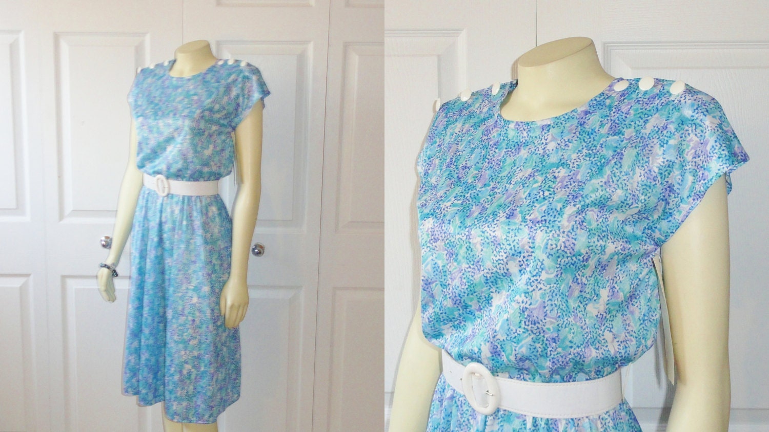 Vintage Dress 80s Tabby of California Dead Stock NWT Blue Lavender Aqua Patter Size 6P