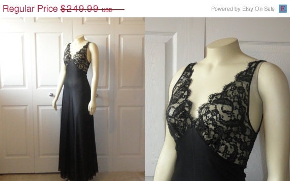 SALE Vintage Nightgown Claire Sandra by Lucie Ann RARE Black Negligee Gown Lace Bodice 150" Grand Sweep Size 34 Modern Small Medium to Large