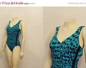 SALE Vintage Swimsuit 80s Catalina Turqoise & Black Animal Print Slimming Bathing Suit Size 10 Modern Medium