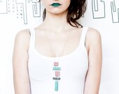 Long block necklace - stripes necklace, red green and black