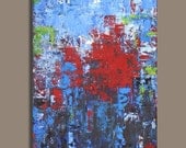 Large Abstract Painting in Blue and Red - Anticipation (24x36) Original Acrylic Wall Decor  - Sage Mountain Studio
