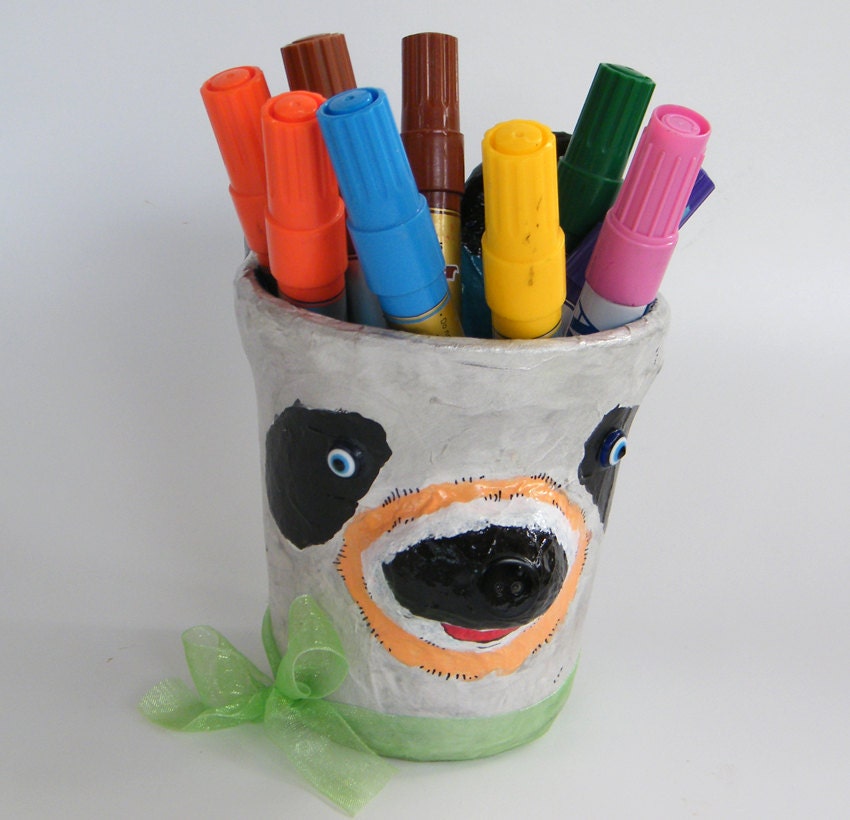 Pencil holder desk accessories, Upcycled desk organizer, Storage bin, Silver panda