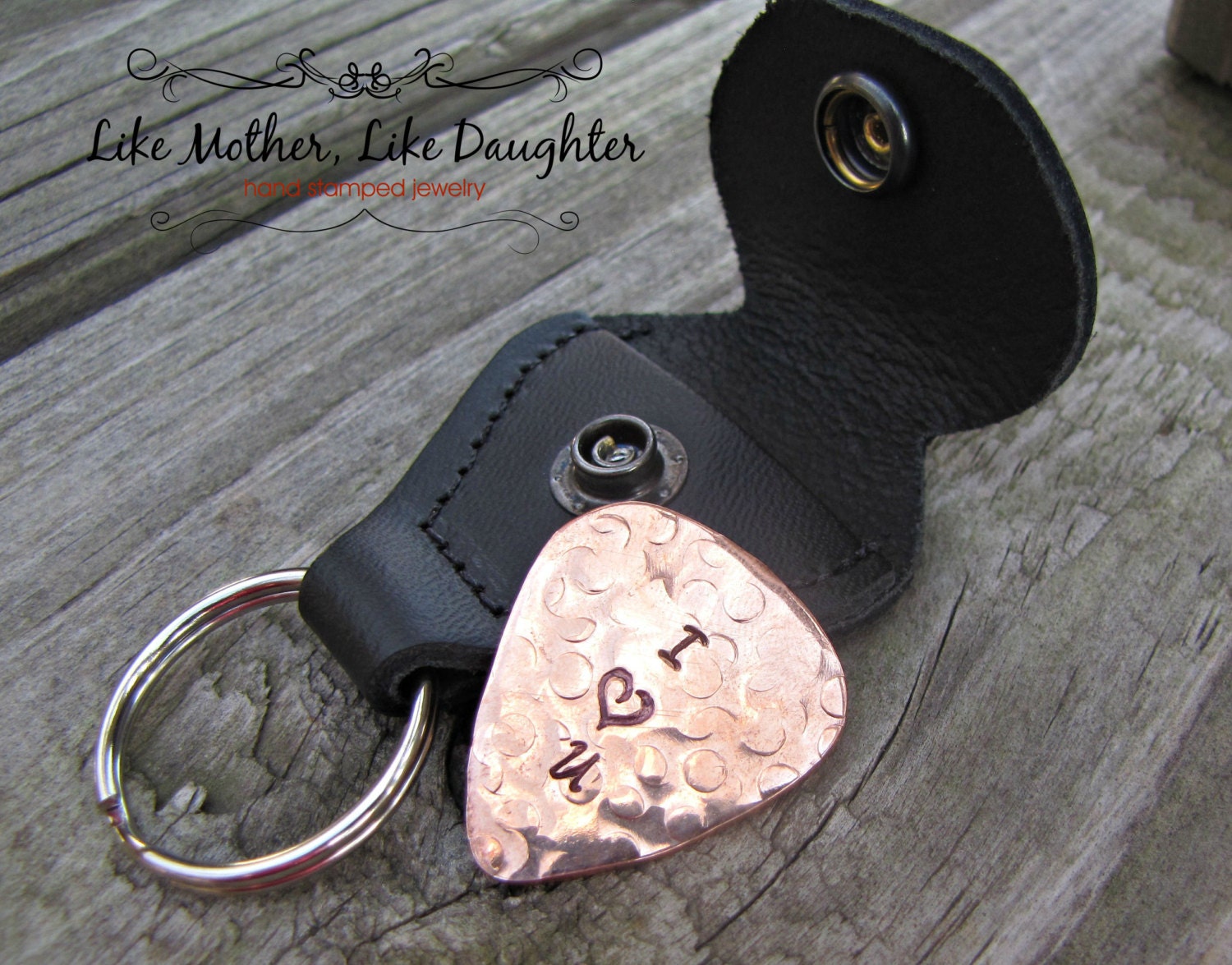 Personalized Copper Hand Stamped Guitar Pick - Mens Gift - Custom Guitar Pick with Leather KeyChain Holder