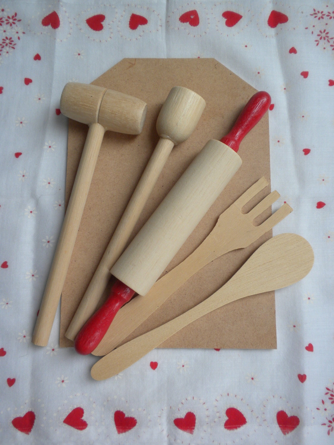 vintage toy kitchen set, wooden kitchen utensils and cutting board miniatures
