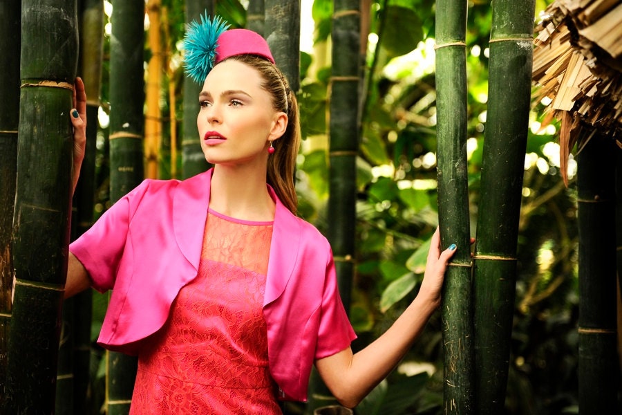 Pink felt blue feather headpiece cocktail hat fascinator spring summer