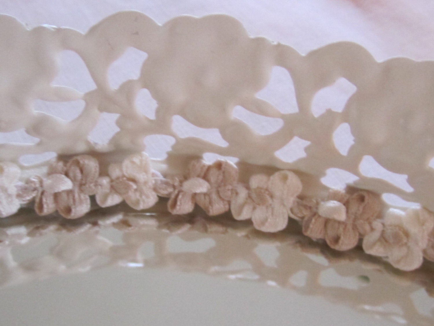 Upcycled Oval Dresser Mirror cottage white taupe ribbon trim Cottage Farmhouse Romantic Chic
