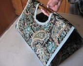 Casserole Carrier Rectangle Quilted Double Sided Fabric Wood Handles Teal, Aqua, Blue & Tan Paisley on Brown Kitchen Accessories
