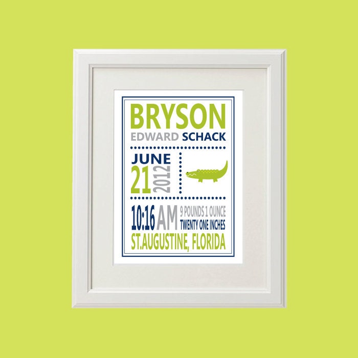 8x10 Custom Alligator Birth Stats Nursery Art (More Colors & Sizes Available) Custom Nursery Art