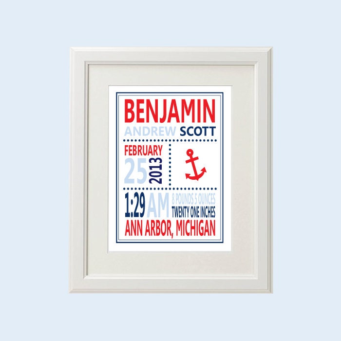 8x10 Custom Anchor Birth Stats Nautical Nursery Art (More Colors & Sizes Available) Custom Nursery Art