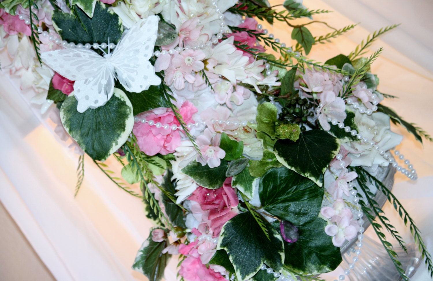 Shabby Chic Topiary Roses And Butterfly Floral Arrangement Cottage Decor White Teddy Bear