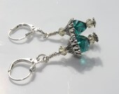 Silver Teal Color Crystal Glass Bead Earrings