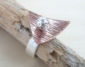 Geometric Ring Fine Silver Jewelry Handmade Sphere Copper Triangle Two Tone Shiny Brite Bright Size 8.5 US Q UK Artisan OOAK