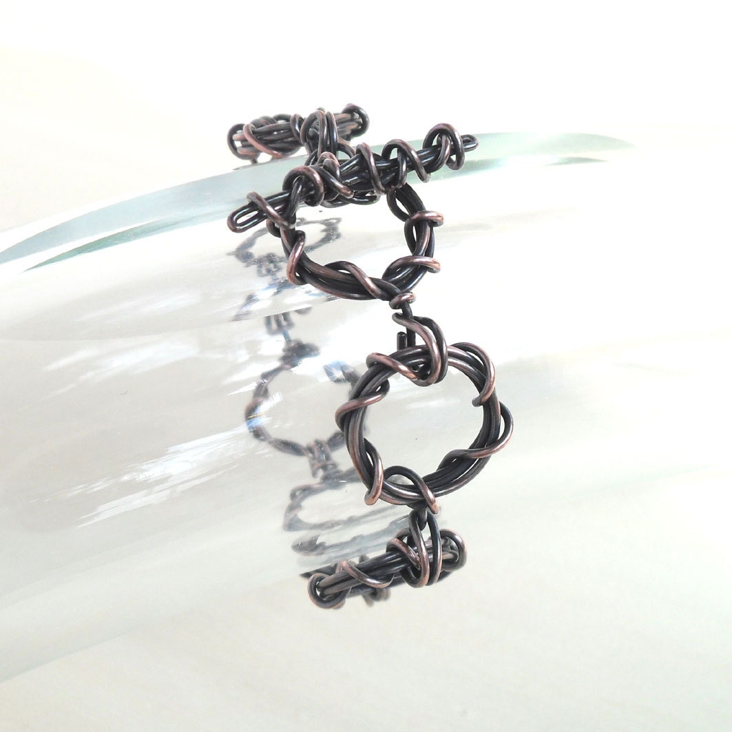 Rustic Freeform Wrap Bracelet Brown Copper Wire Wrapped Jewelry Handmade Metal Work Petite Chain Maille Circle Link