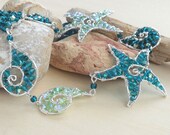 Nautical Mermaid Necklace Blue Ocean Jewelry Handmade Sterling Silver Swarovski Crystal Bead Sea Shell Art Starfish Wire Wrapped