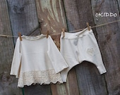 Girl's Dress Top and Harem Pants Set with Vintage Lace in Cream cotton knit - Size 18-24m