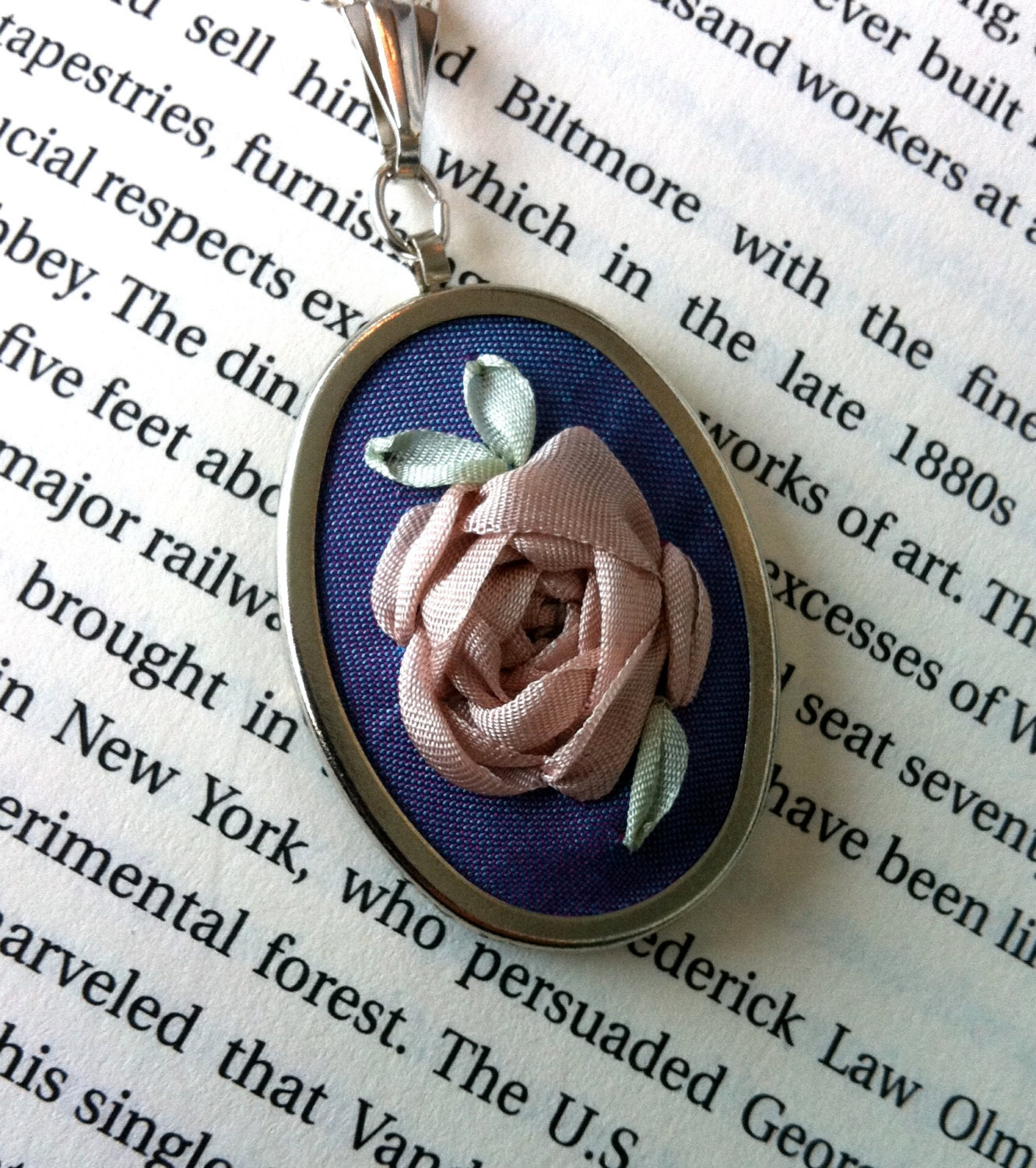 Embroidered Pendant Necklace - Lavender and Pink Rose - Silk Ribbon Embroidery by BeanTown Embroidery