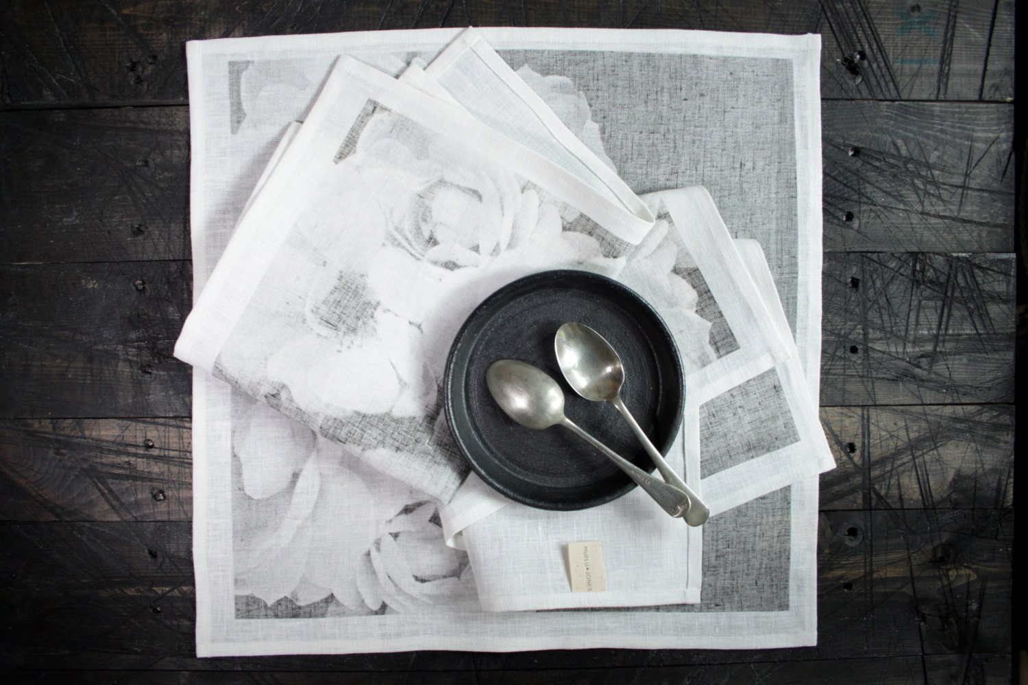 O N  S A L E   100% Linen NAPKIN ART - Black Flower Photograph