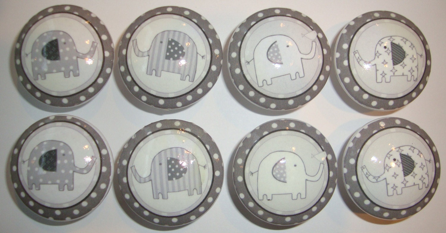 Handmade Grey Taylor Elephant Dresser Drawer Knobs - Set of 8