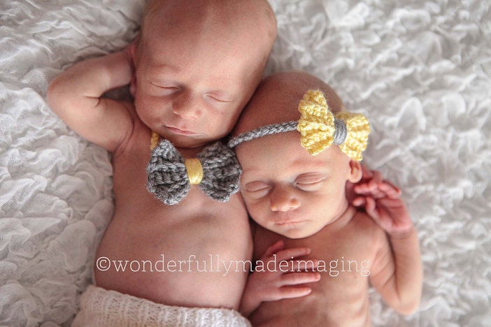 2 yellow gray twin baby girl crocheted bow halo headband, newborn photography prop, twin boys bow ties,baby shower gift