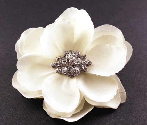 White Bridal Mini Magnolia Flower Hairpiece with Crystal Brooch Center