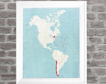 World Map - Love Map  Customized Art Print -  11x14 Valentines Day Gift North and South America