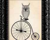Owl On Penny Farthing Bike - Vintage Retro Inspired - Modern Design - Collage Art Giclee Print -  8x10 Art Print Poster