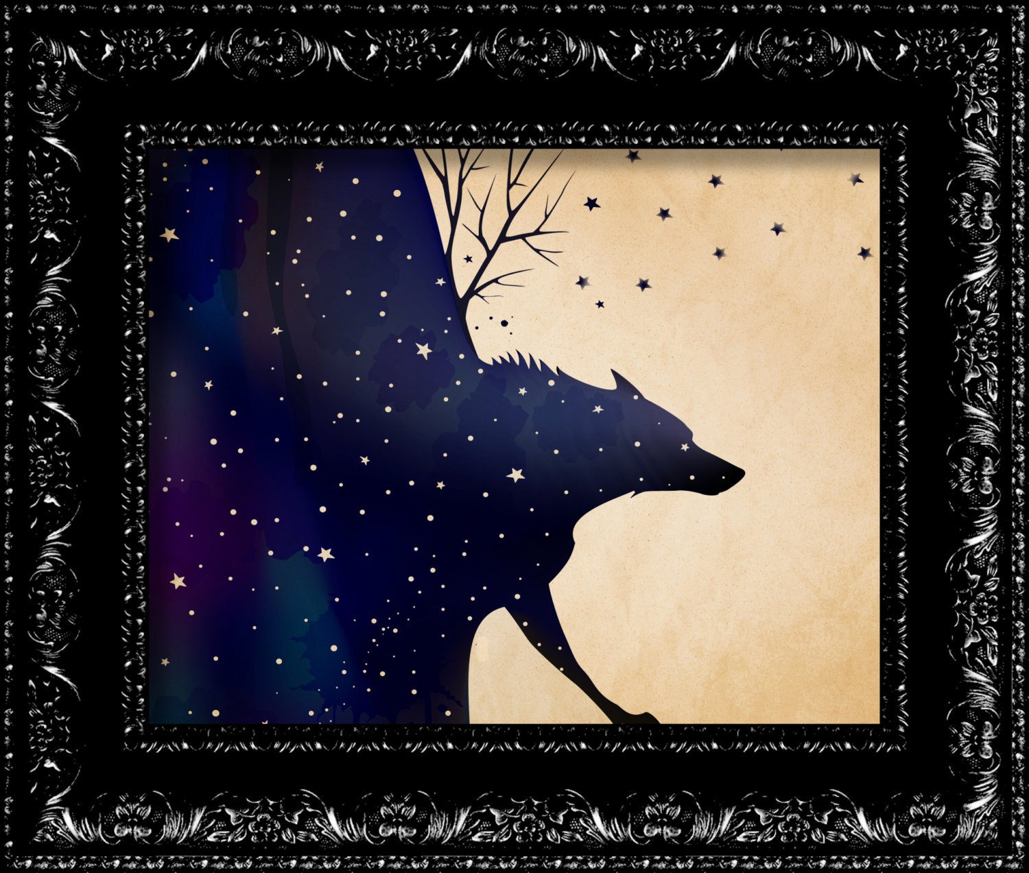 Northern Lights Wolf Print - Vintage Retro Inspired - Modern Design - Collage Art Giclee Print -  8x10 Art Print Poster