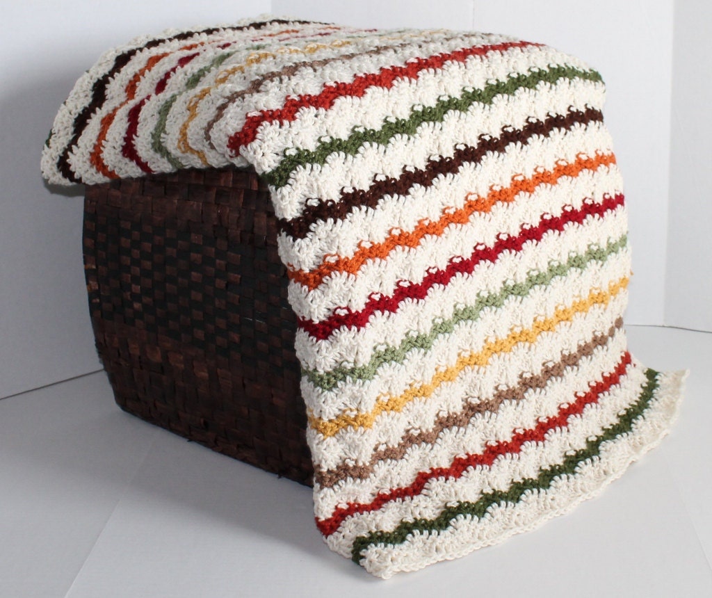 Afghan - Handmade Ripple Crochet Blanket - Aran and Fall Tones
