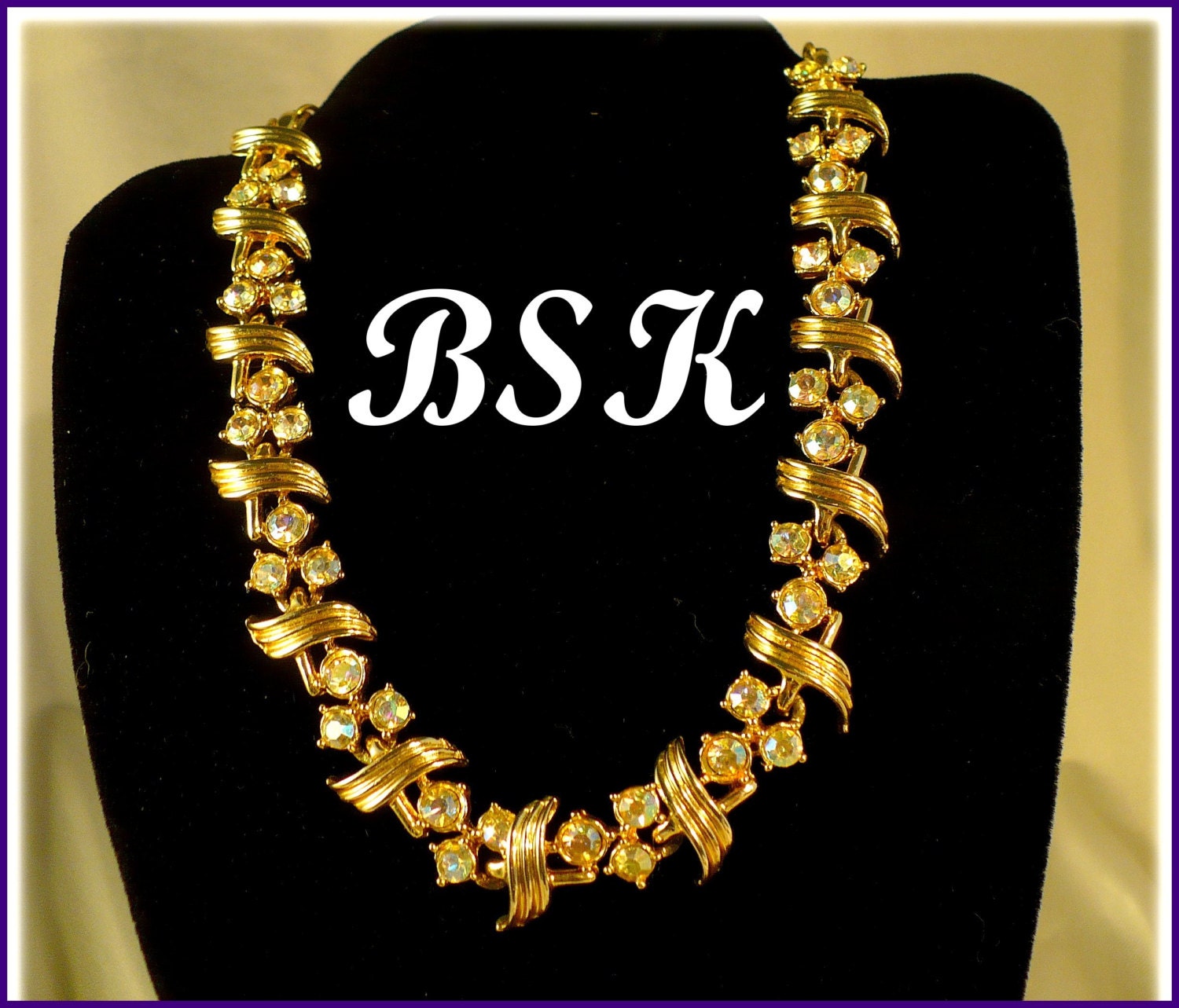 Vintage BSK Aurora Borealis (AB) Rhinestone Necklace, Gold & Rainbows