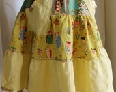 Girls Twirly Frida and Owl Printed Cotton, Spring Green Linen, Metallic Gold Trim, Ribbon Ties into Sundress or Tiered Skirt with Pocket