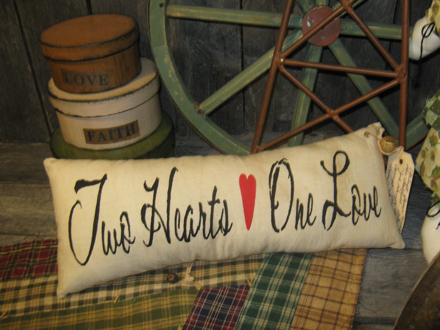Primitive Large Holiday Love Pillow Tuck Valentine " Two Hearts One Love "  Hand Painted  Pillow  Rustic  Housewares