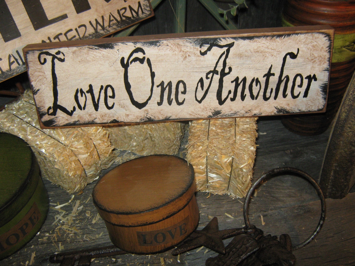 Primitive Wood Sign " LOVE ONE ANOHER " Handpainted Country Folkart Housewares Wall Decor