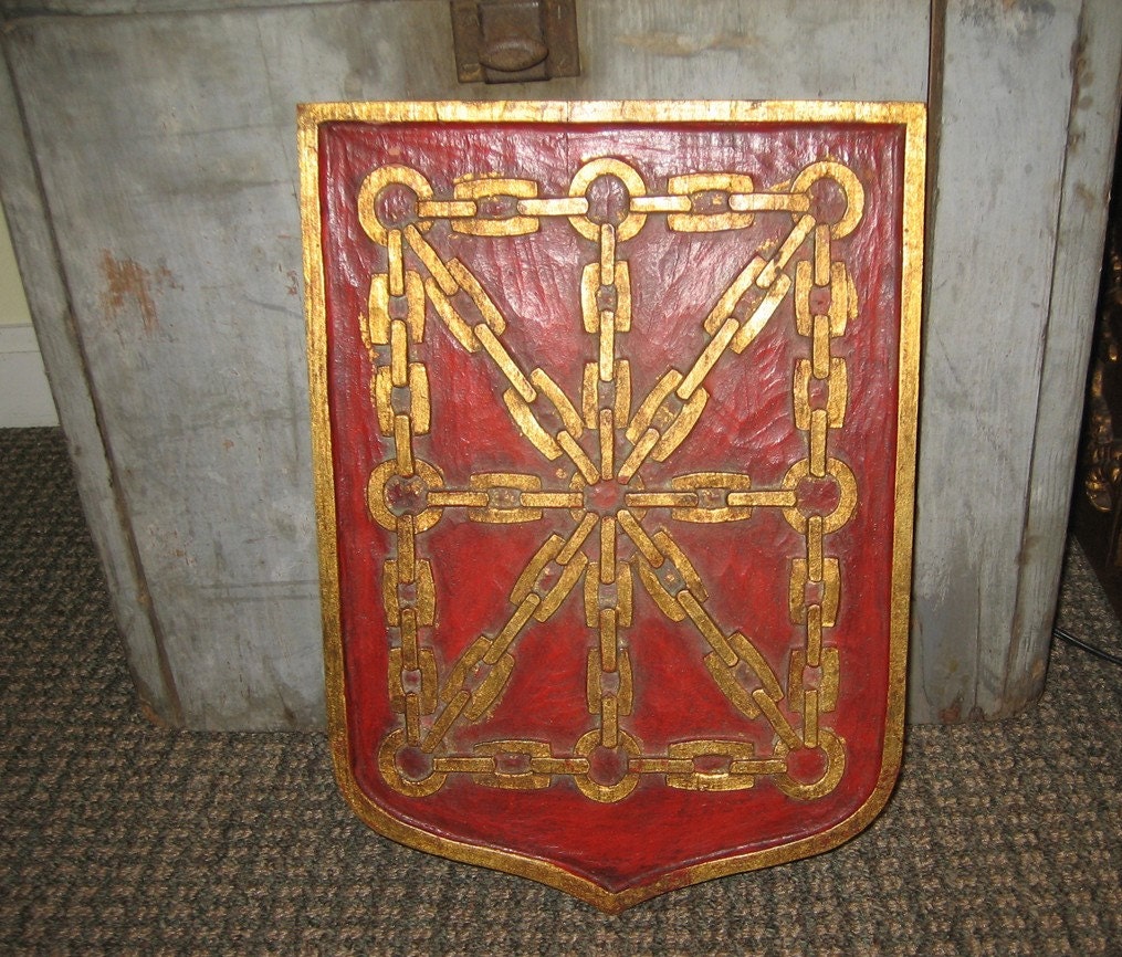 Vintage Carved Wooden Spanish Shield Plaques Gold Chain Wall Hangings