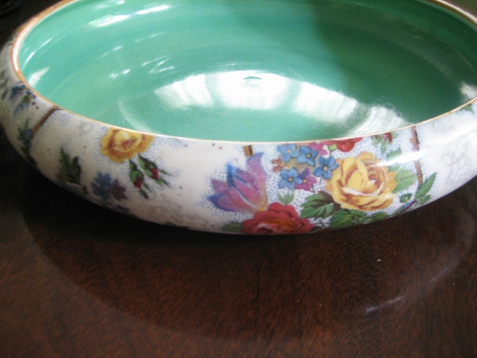 English Chintz Unicorn Pottery Large Shallow Bulb Bowl Tray Roses and Birds - H & K Tunstall, England