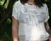 80s Beaded Crop Top White with Floral Sequin and Bead Design