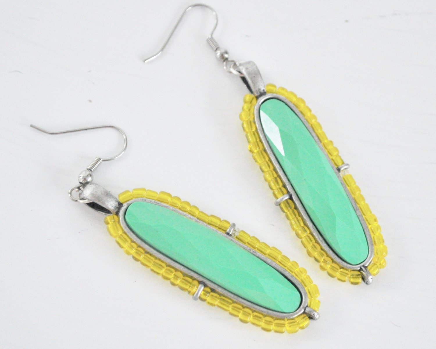 Green Turquoise Earrings,Yellow Beaded Earrings