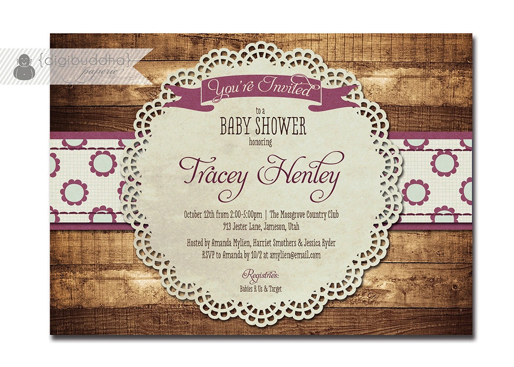 Rustic Baby Shower Invitation Plum Purple Sky Blue Wood Lace Doily Shabby Chic DIY Digital or Printed - Tracey Style
