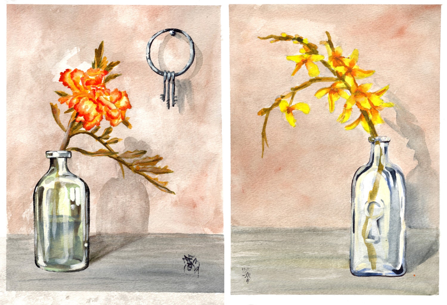diptych, floral watercolor paintings, marigold in jar with skeleton keys and forsythia in jar with keyhole