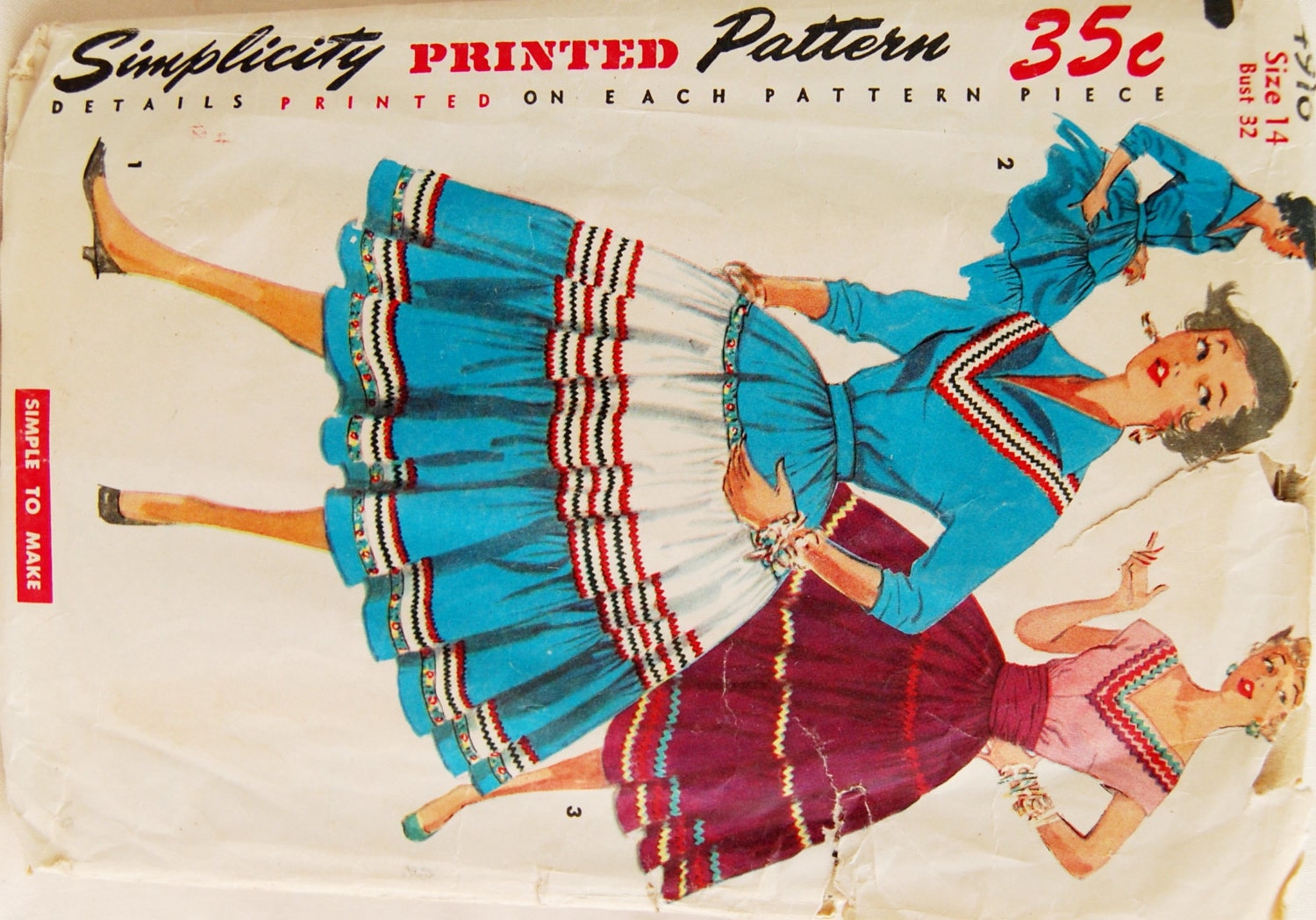 Vintage 1954 Simplicity Misses' Rockabilly Squaw Skirt with Cummerbund and Squaw Blouse Pattern 4916 Size 14 (32" Bust)