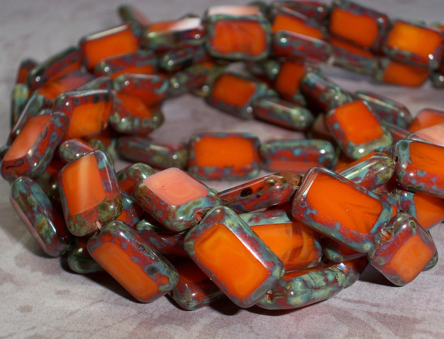 Orange Rectangle Bead 12x8mm Czech Glass Picasso AUTUMN SPICE (10)