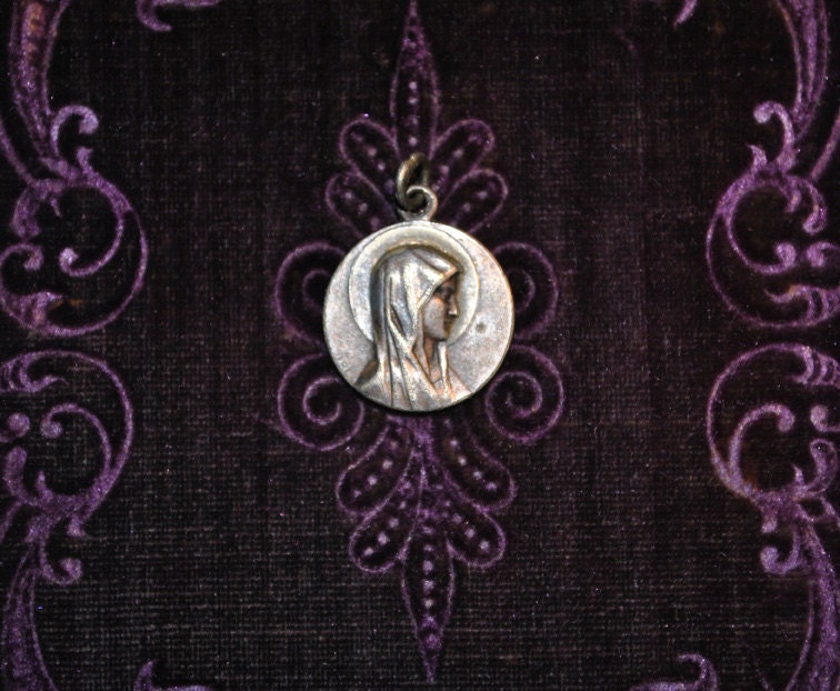 Lourdes apparition antique French religious medal, St Bernadette, religious jewelry, Catholic collectibles, Made in France, supplies