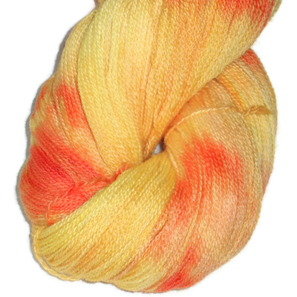 Luxury Hand Dyed Merino Wool Lace Yarn, 2-ply Orange Yellow Flames